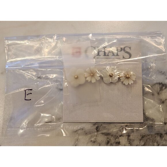 Chaps White Flower Drop Earrings With Gold Accents - Picture 2 of 5